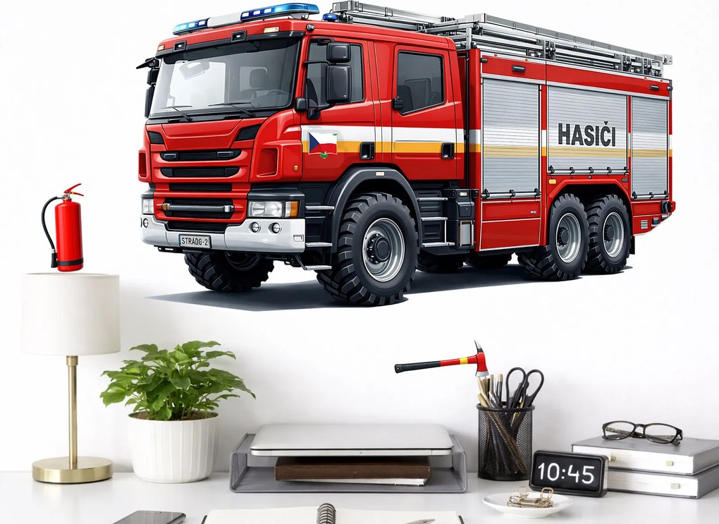 Hasičské auto textilní prelepiteľná nálepka na stenu hárok 46 x 27 cm