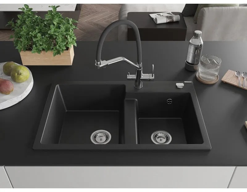 Mexen Tomas, 2-komorový granitový drez 800x500x190 mm a kuchynská batéria Duo, čierna, 6516-77-671701-07