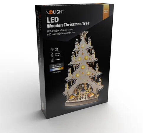 Solight LED drevený vianočný stromček s dekoráciami, 23x LED, 64 cm, 2x AA
