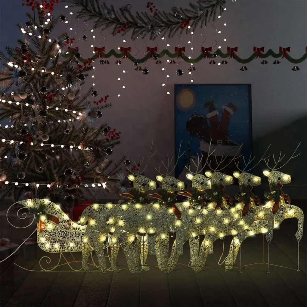 vidaXL Vianočná vonkajšia dekorácia so sobmi a saňami 140 LED zlaté