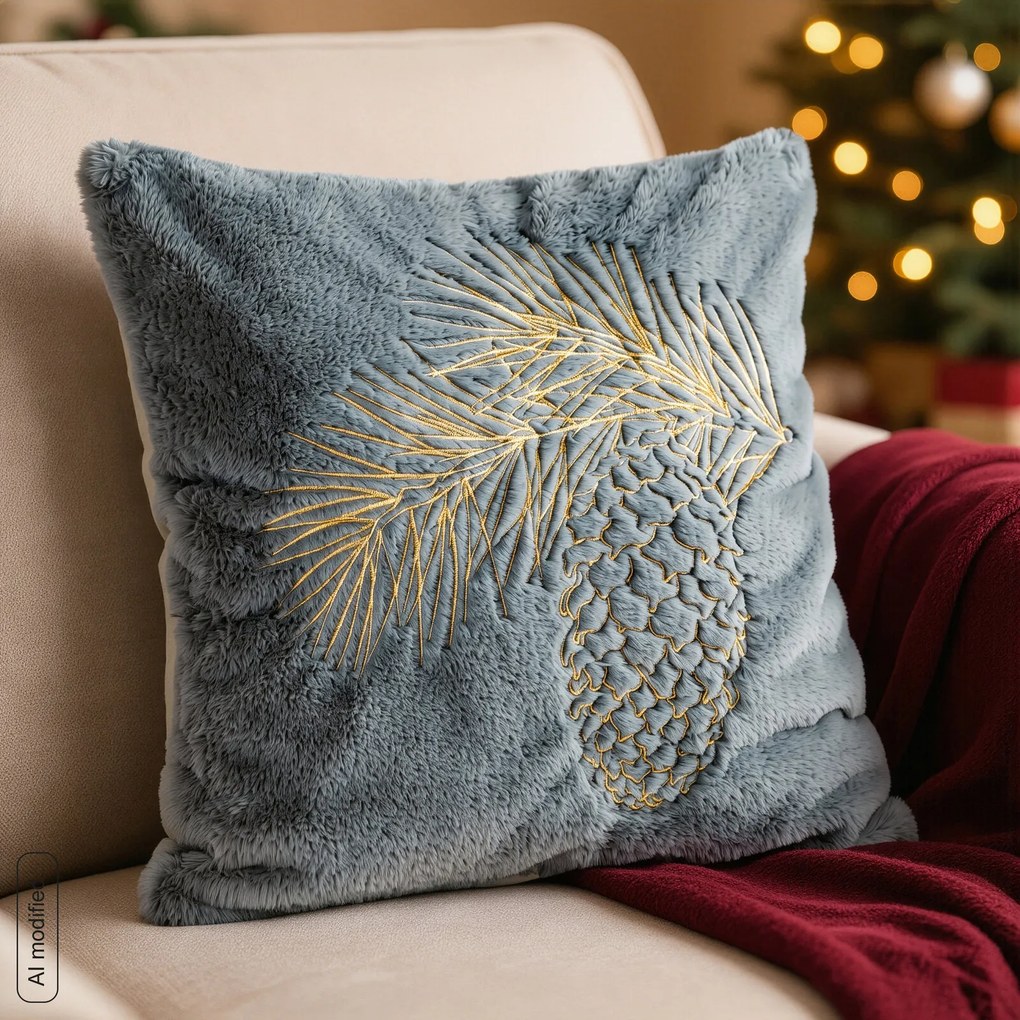 CHLPATÁ VIANOČNÁ DEKORAČNÁ OBLIEČKA NA VANKÚŠ PINE 45X45 CM SIVOMODRÁ