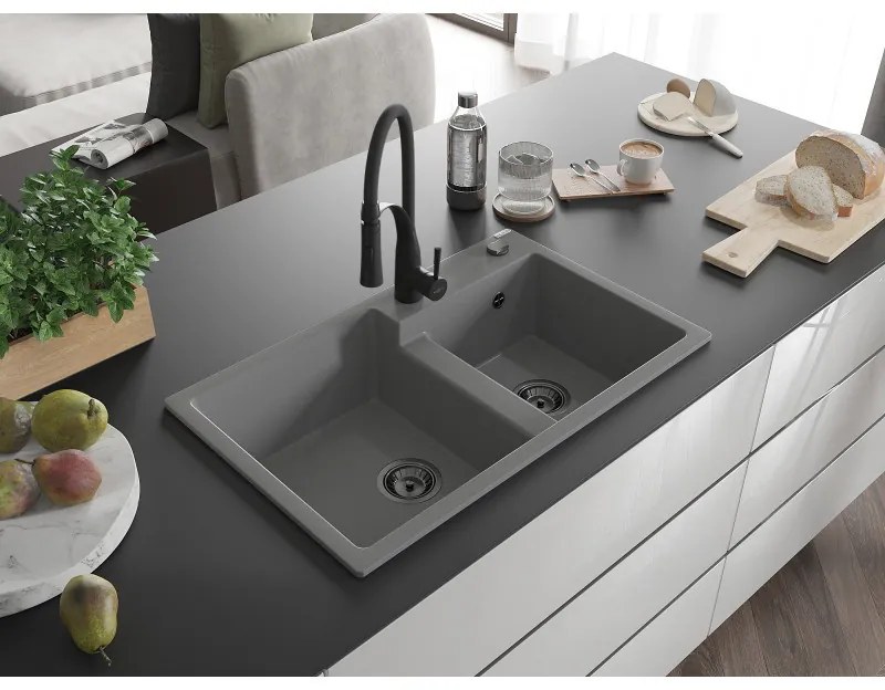 Mexen Tomas, 2-komorový granitový drez 800x500x190 mm a drezová batéria Aster, šedá, 6516-71-73450-70-B