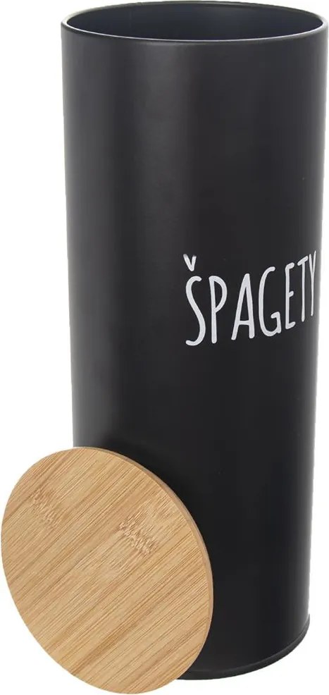 Orion 2. akosť - Dóza na potraviny, plechová, čierna, s bambusovým vekom, ŠPAGETY (zlá tlač)