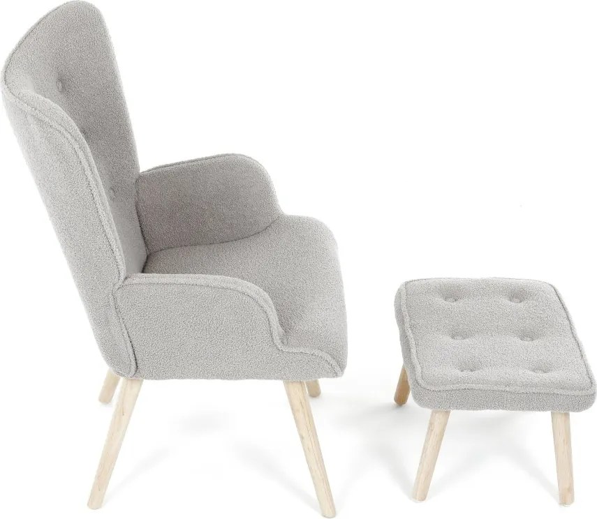 Relaxačné kreslo ušiak ROMEO II + taburet — masívne drevo, látka bouclé, prírodná / sivá