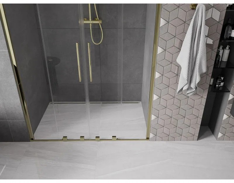 Mexen Velar Duo, posuvné dvere do otvoru 160x200 cm, 8mm číre sklo, zlatá lesklá, 871-160-000-02-50