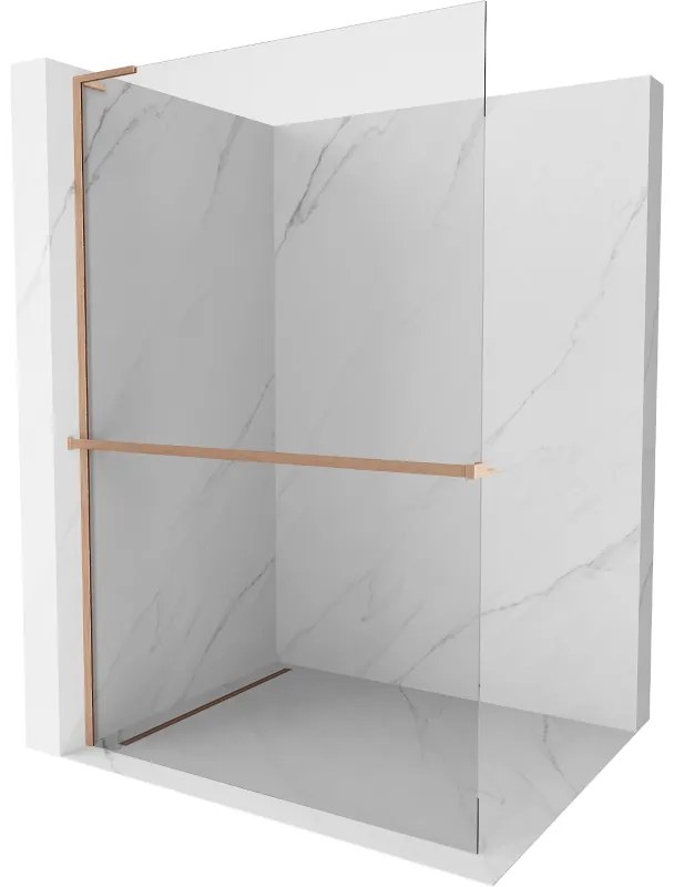 Mexen Kioto+ L, sprchová zástena Walk-In s poličkou a vešiakom 50 x 200 cm, 8mm číre sklo, medený matný profil, 800-050-123-65-00