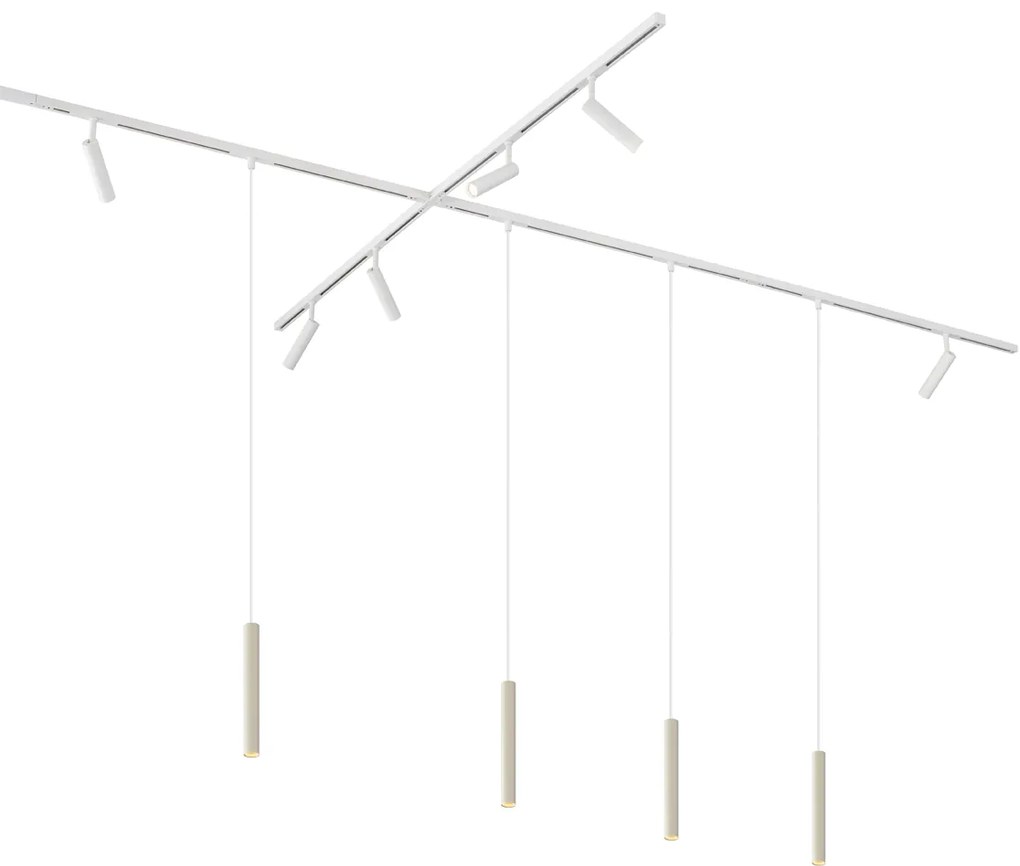 Moderný koľajnicový systém s 6 reflektormi a 4 závesnými svetlami béžovej a bielej farby 1-fázový - Slimline Uzzy Keno