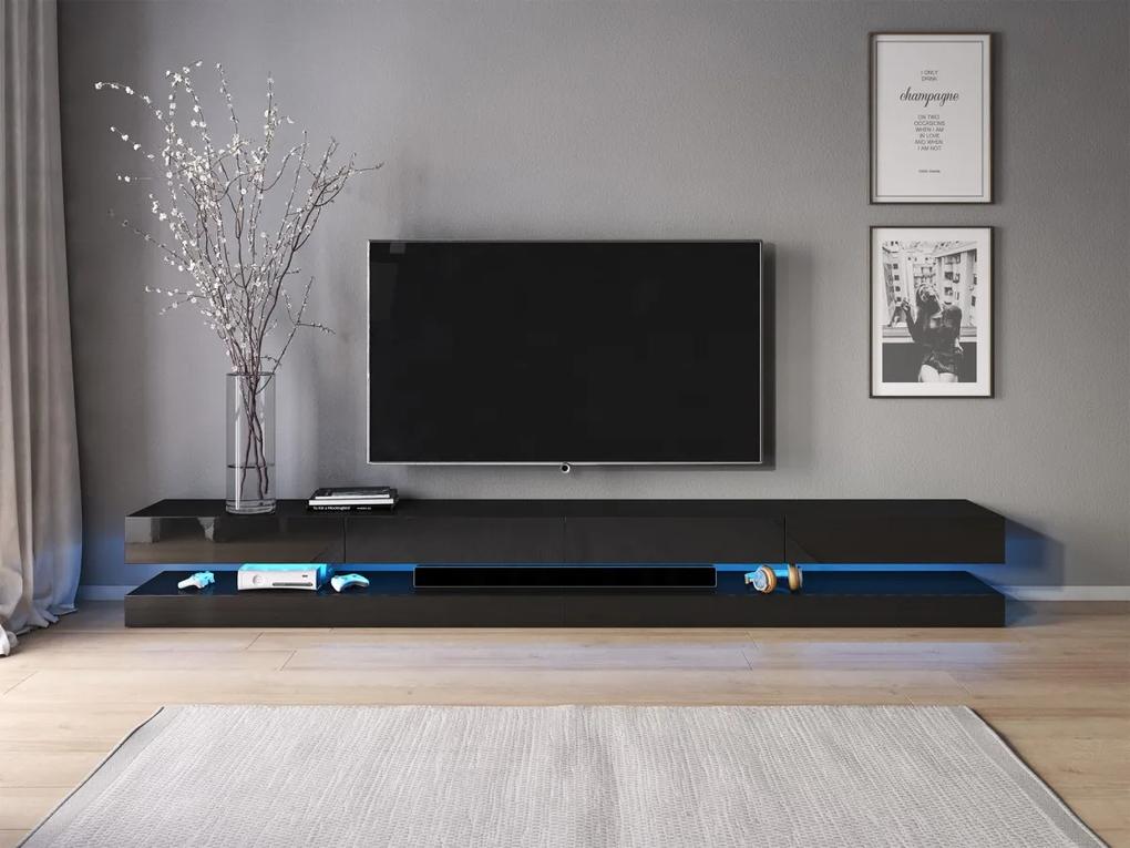 TV stolík Fly s LED osvetlením 280 cm čierny mat/čierny lesk