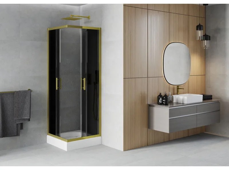 Mexen Rio, štvorcový sprchovací kút s posuvnými dverami 80(dvere) x 80(dvere) x 190 cm, 6mm šedé sklo, zlatý profil + biela sprchová vanička RIO, 860-080-080-50-40-4510