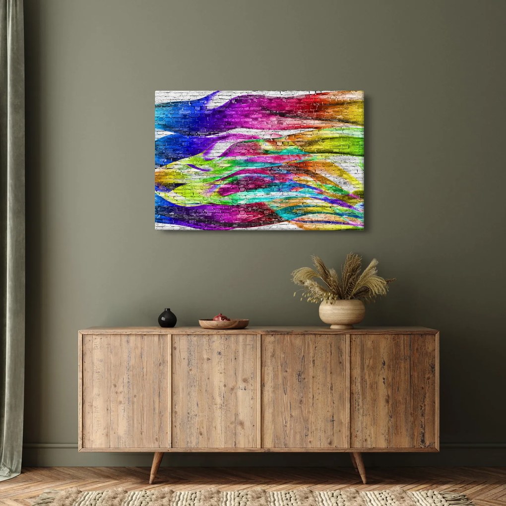 Obraz - Tehlový múr s farebnými plameňmi (90x60 cm)