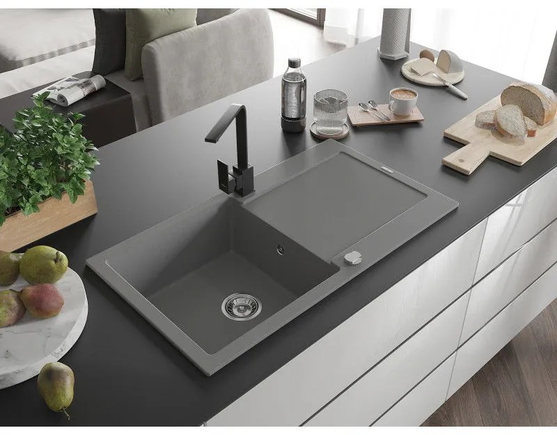 Mexen Leo, drez granitový 900x500x190 mm, 1-komorový, šedý s chrómovým sifónom a čierna drezová batéria Rita, 6501-71-670300-70