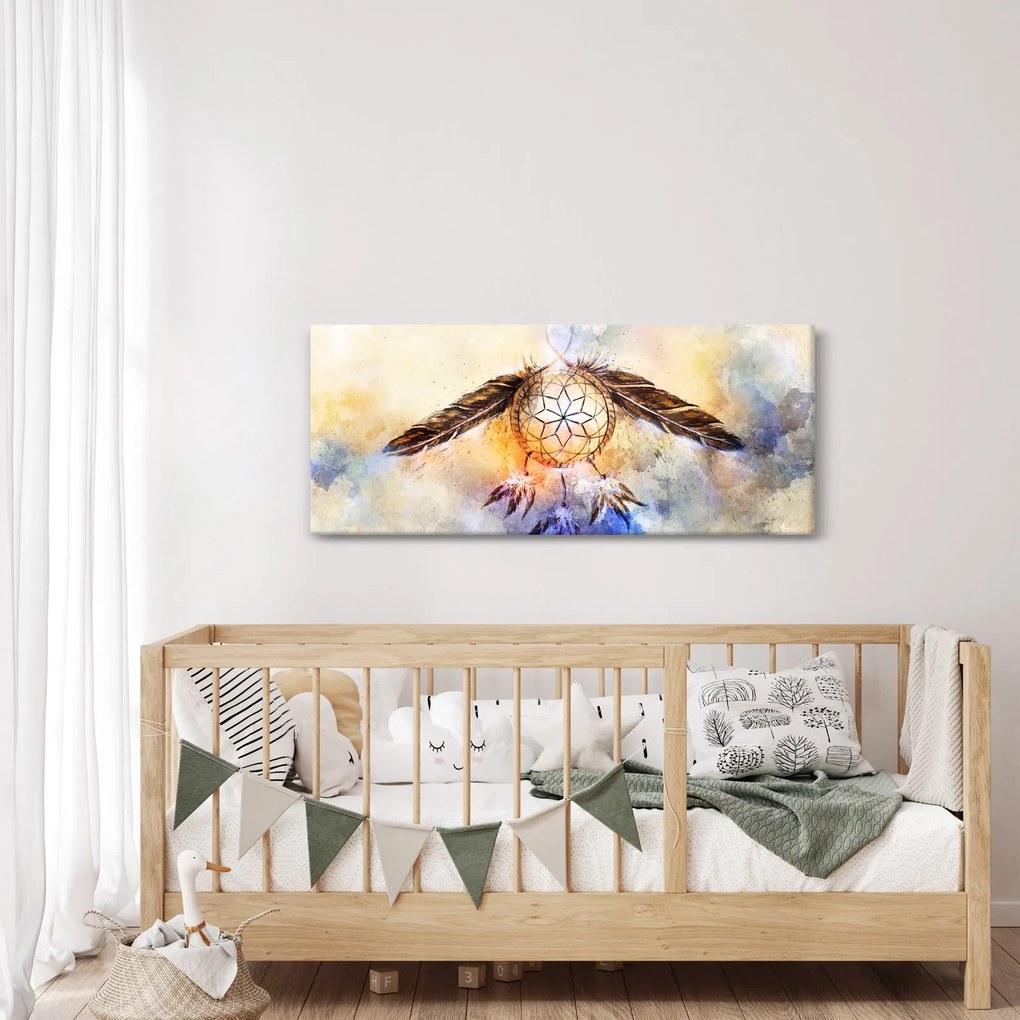 Obraz - Lapač snov s pierkami (120x50 cm)