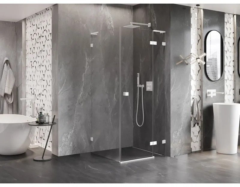 Mexen Lunar, L pravý výklopný sprchový kút 70 x 70 cm, 8mm číre sklo, biely profil, 834L-070-070-20-00-P