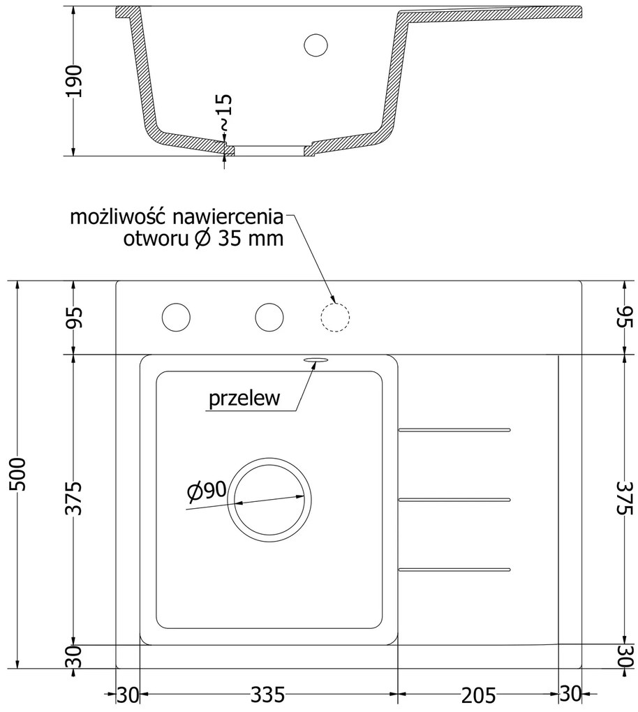 Mexen Ben, 1-komorový granitový drez 600x500x190 mm, ľavý + čierny sifón, šedá, 6522605000-71-B