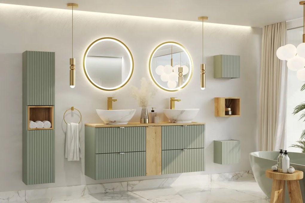 Závěsná skříňka pod umyvadlo Casad s deskou a košem na prádlo 100 cm bílá/dub wotan