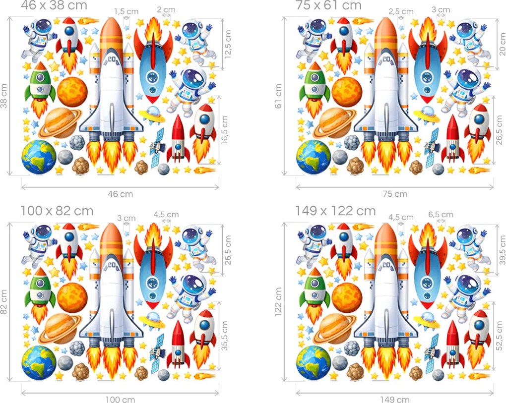 Vesmírna raketa textilná preliepateľná nálepka na stenu arch 46 x 38 cm