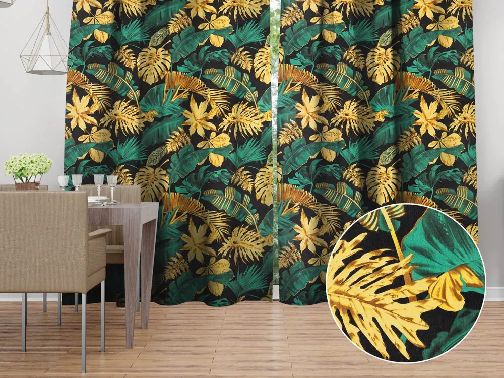 Biante Bavlnený záves Sandra SA-603 Zeleno-zlaté tropické listy na čiernom 150x210 cm