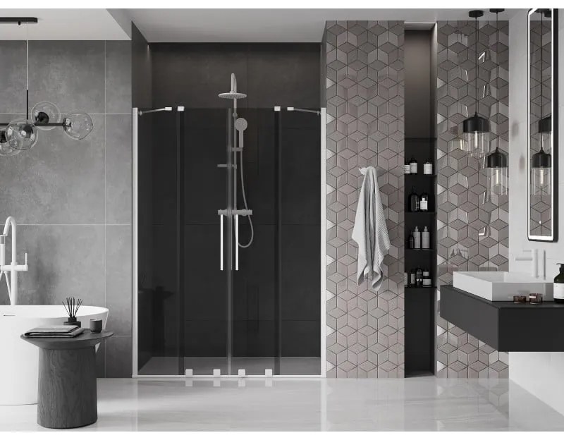 Mexen Velar Duo, posuvné sprchové dvere do otvoru 150 cm, 8mm šedé sklo, biela matná, 871-150-000-42-20