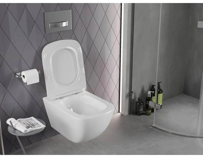 Mexen Timo, závesná WC misa 555x370x335 mm, Rimless Tornádo + WC sedadlo z duroplastu, biela lesklá, 30650200T