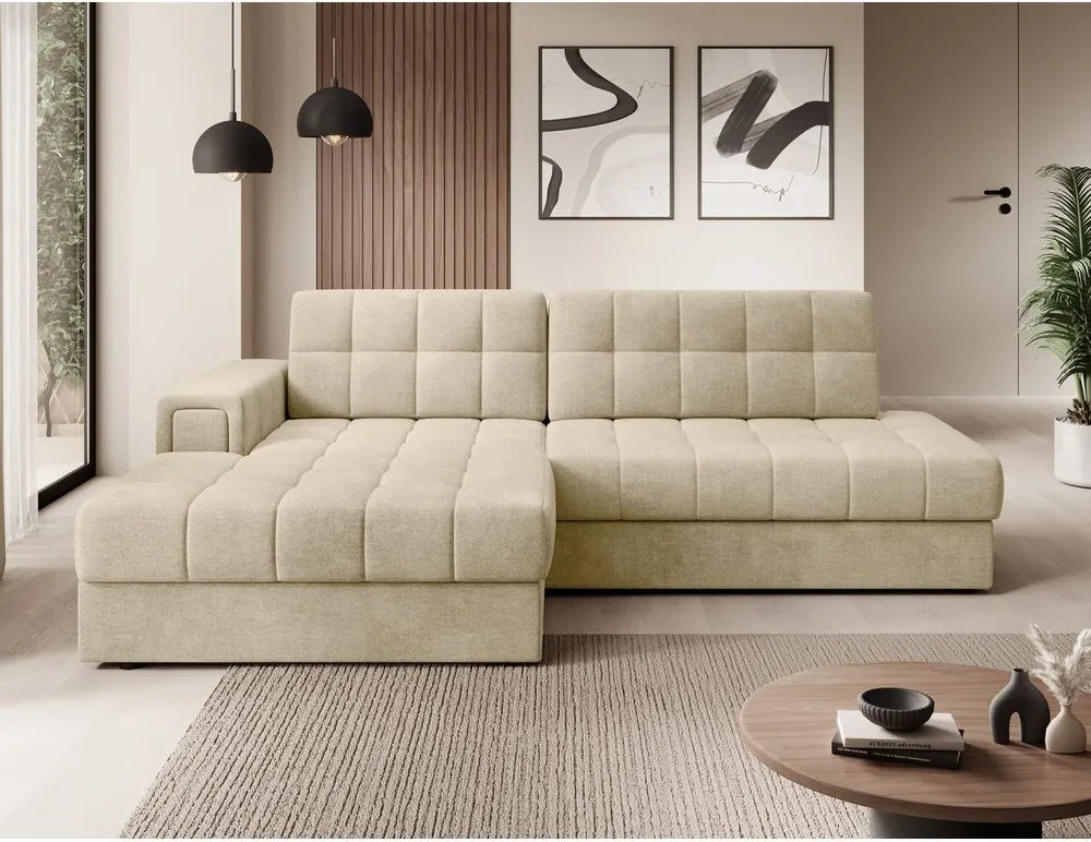 Svetlohnedá zamatová rozkladacia rohová pohovka (ľavý roh/s leňoškou) Blezalt – ELTAP