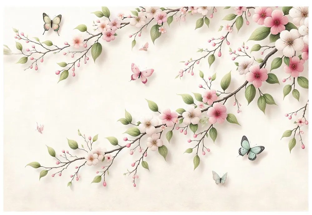Fototapeta jemné ružové kvety a motýle