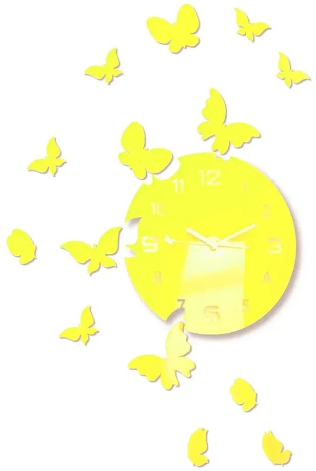 Nástenné akrylové hodiny Motýle - žltá