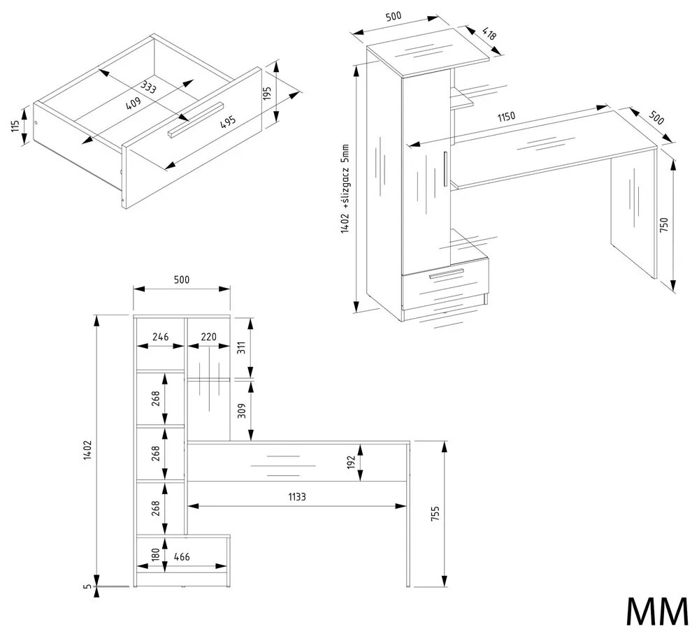 Písací stôl so vstavanou skriňou a policami COSMO dub artisan