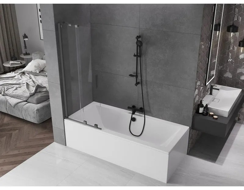 Mexen Velar, 2-krídlová posuvná vaňová zástena 75 x 150 cm, 8mm číre sklo, brúsený grafit, 896-075-000-01-95