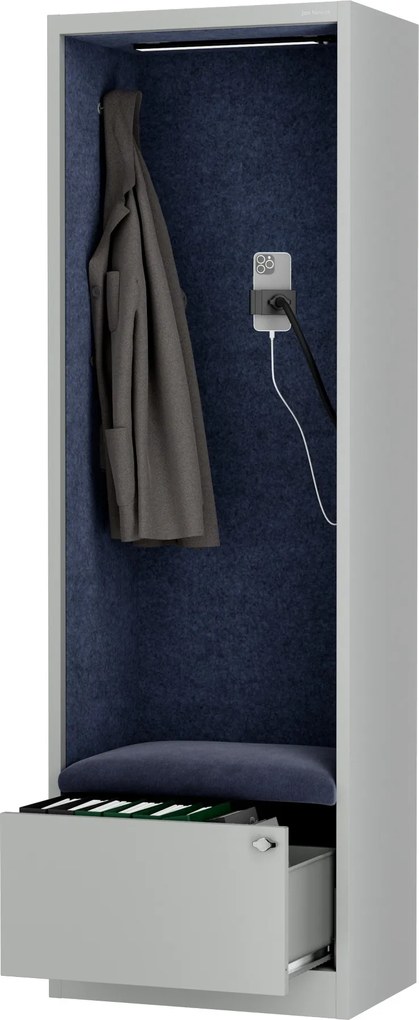 Akustická kabína SALLY MentalBox 600 mm – sivý korpus, tmavomodré sedadlo