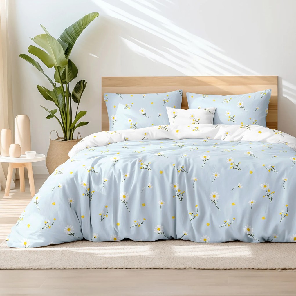Goldea bavlnené posteľné obliečky - harmanček so svetlo modrou 140 x 200 a 70 x 90 cm