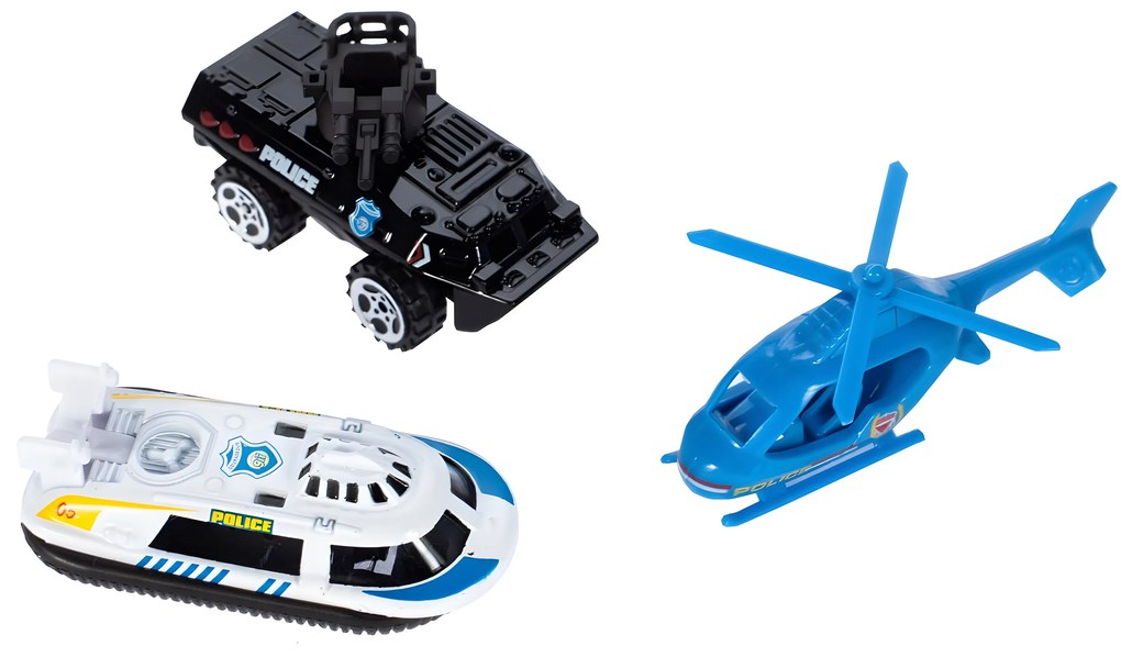 Garáž policajnej stanice, 3 poschodia s výťahom, autá + vrtuľník, 74 kusov