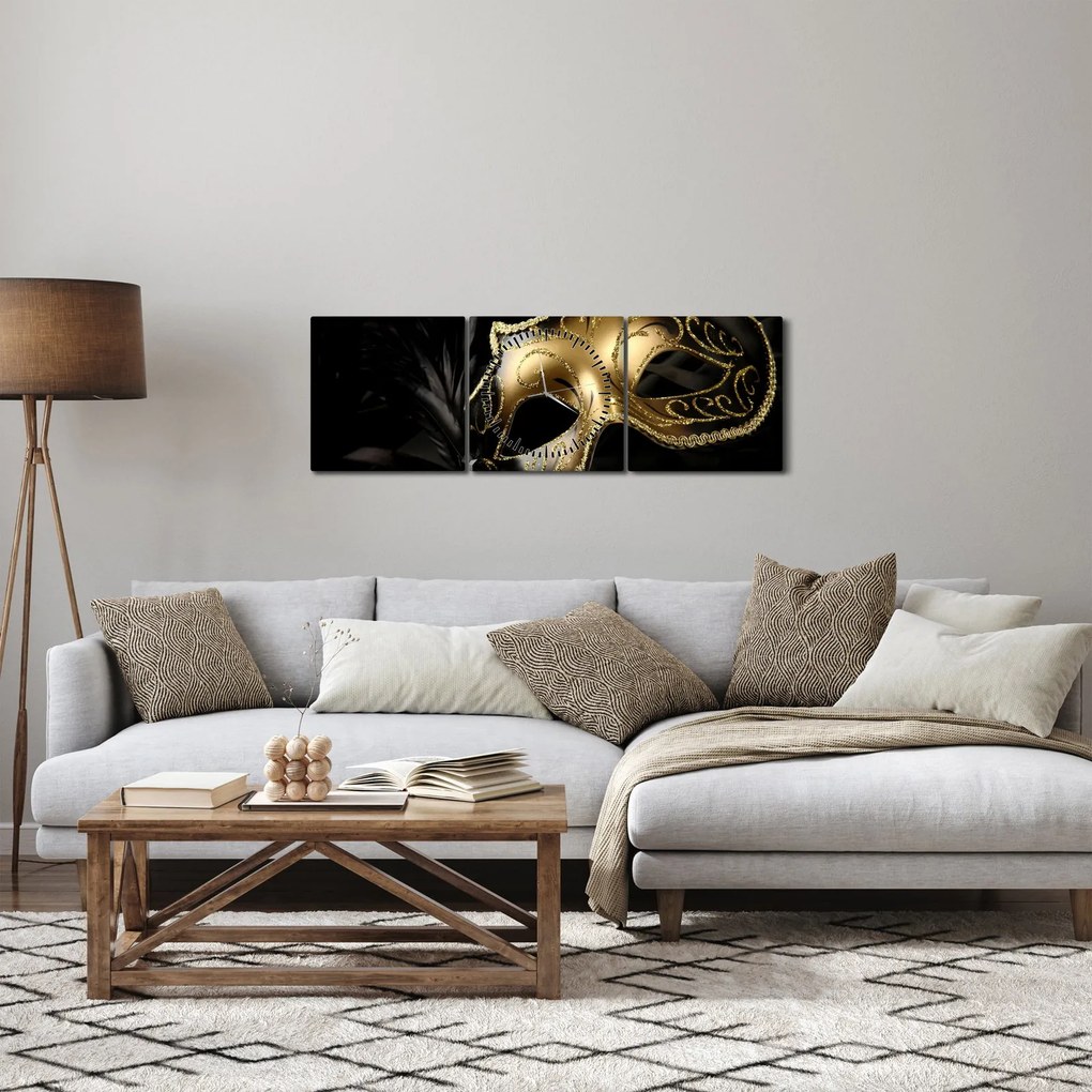 Obraz - Zlatá škraboška (s hodinami) (90x30 cm)