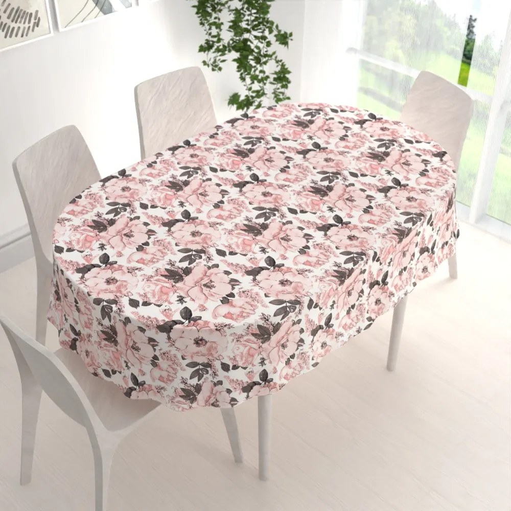 Biante Bavlnený oválny obrus Sandra SA-549 Ružové ruže a puky na bielom 50x100 cm