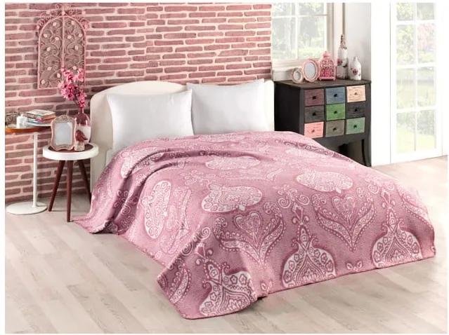 Ružová prikrývka s prímesou bavlny Symbols, 180 × 220 cm