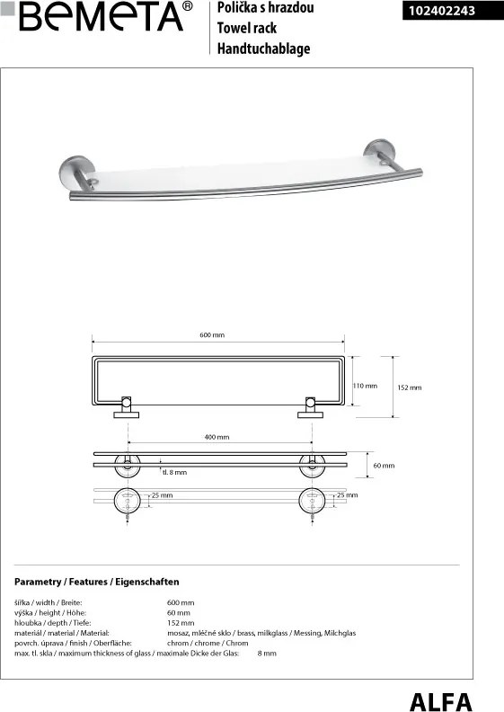 Bemeta Design ALFA: Polička, 620 mm, s hrazdou, sklo - 102402243