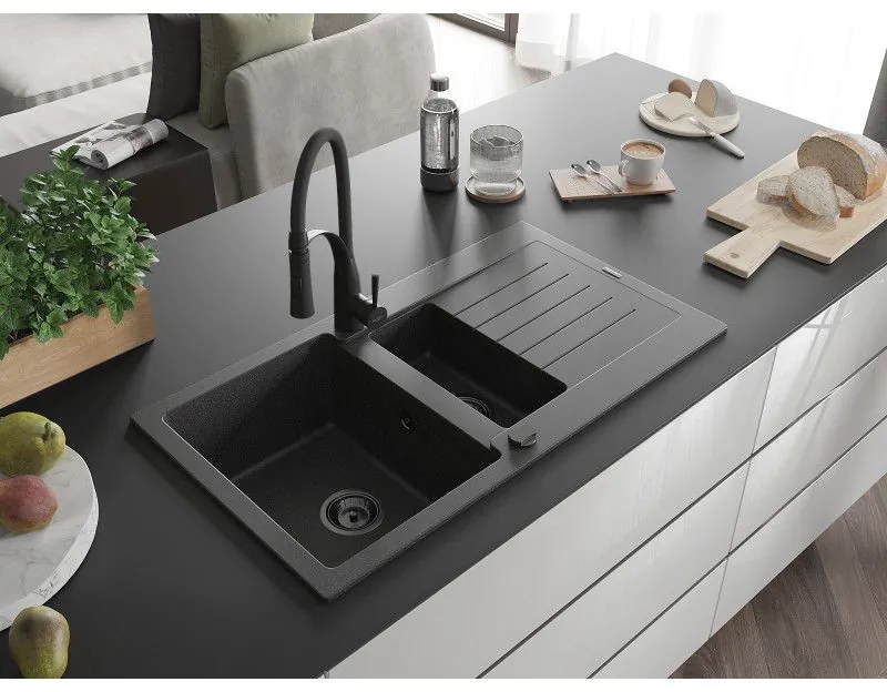 Mexen Matias, granitový drez 900x505x200 mm, 1,5-komorový a drezová batéria Aster, čierna škvrnitá, 6502-76-73450-70-B