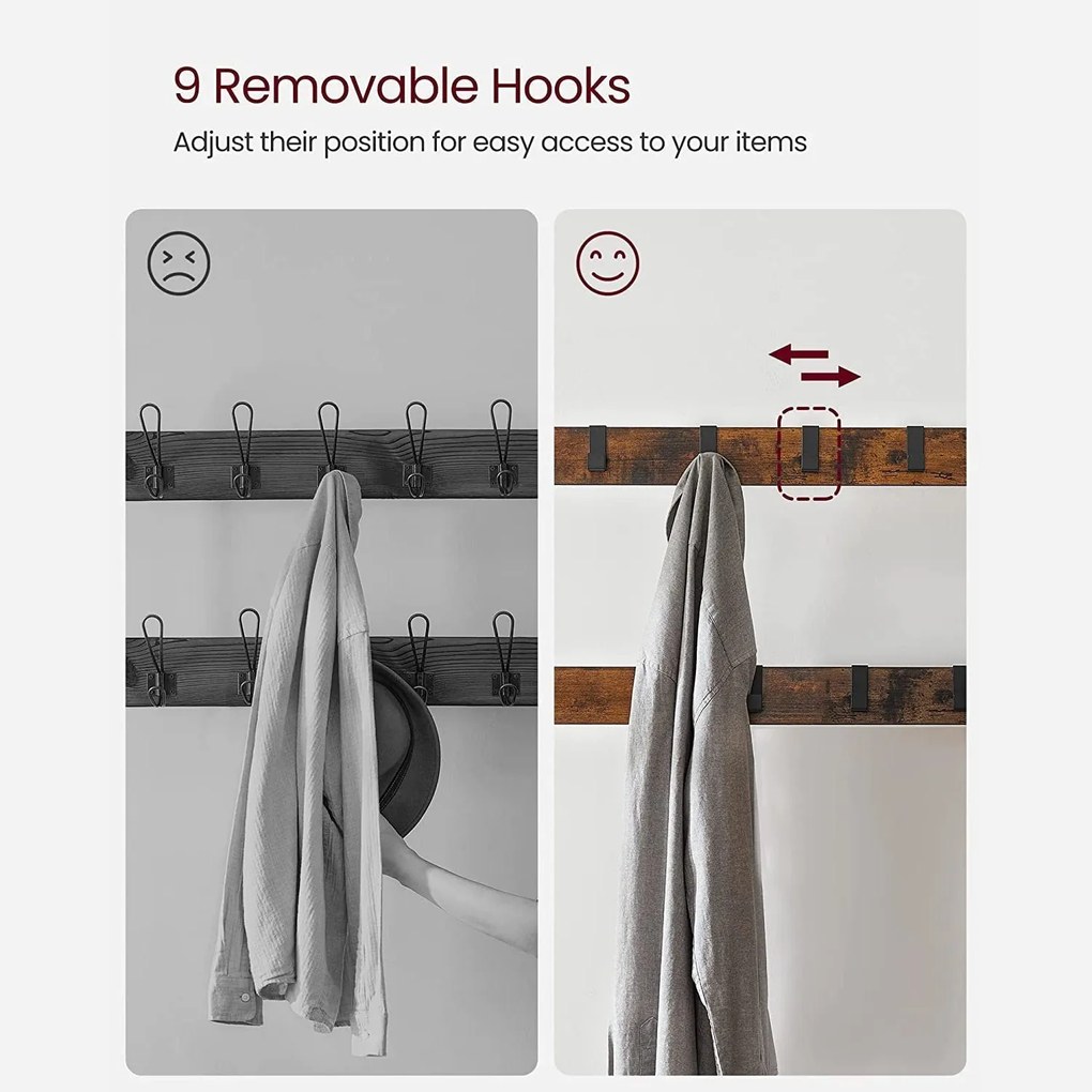 Stojanový vešiak s 9 háčikmi a lavicou na topánky, rustikálny hnedý