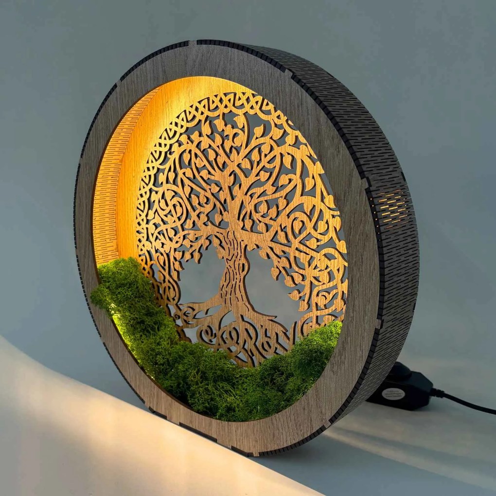 Strom života LED lampa z dreva a machu | ZIVENA: HDF - Orech 20 cm 4785-115180 LED0610