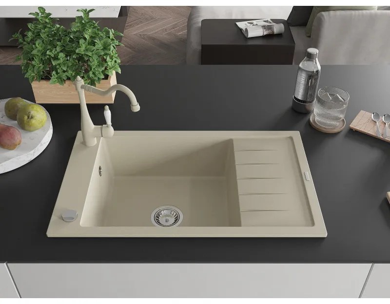 Mexen Elias, granitový drez 795x480x200 mm, 1-komorový a drezová batéria Carla, béžová, 6511-69-670700-69