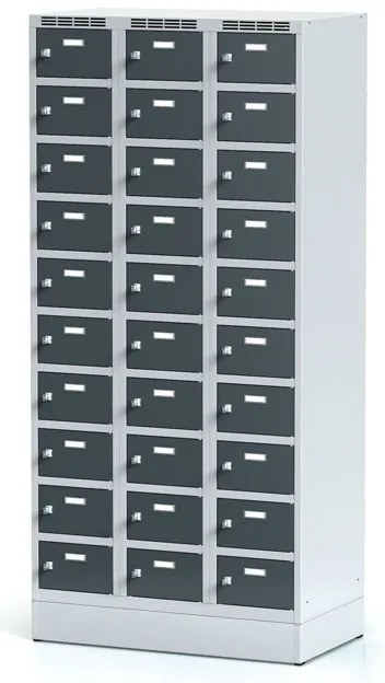 Alfa 3 Šatníková skrinka S6 na sokli s úložnými boxami, 30 boxov, 1920 x 900 x 500 mm, otočný zámok, tmavosivé dvere
