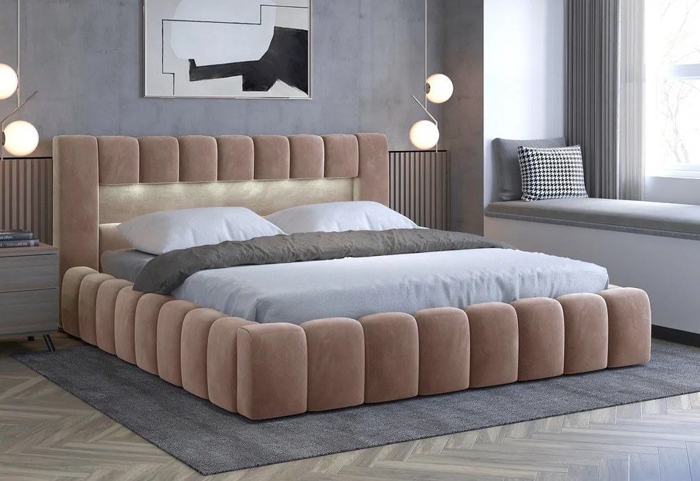 Manželská posteľ 180 cm Luxa (svetlohnedá) (s roštom, úl. priestorom a LED). Akcia -20%. Vlastná spoľahlivá doprava až k Vám domov. 1041569