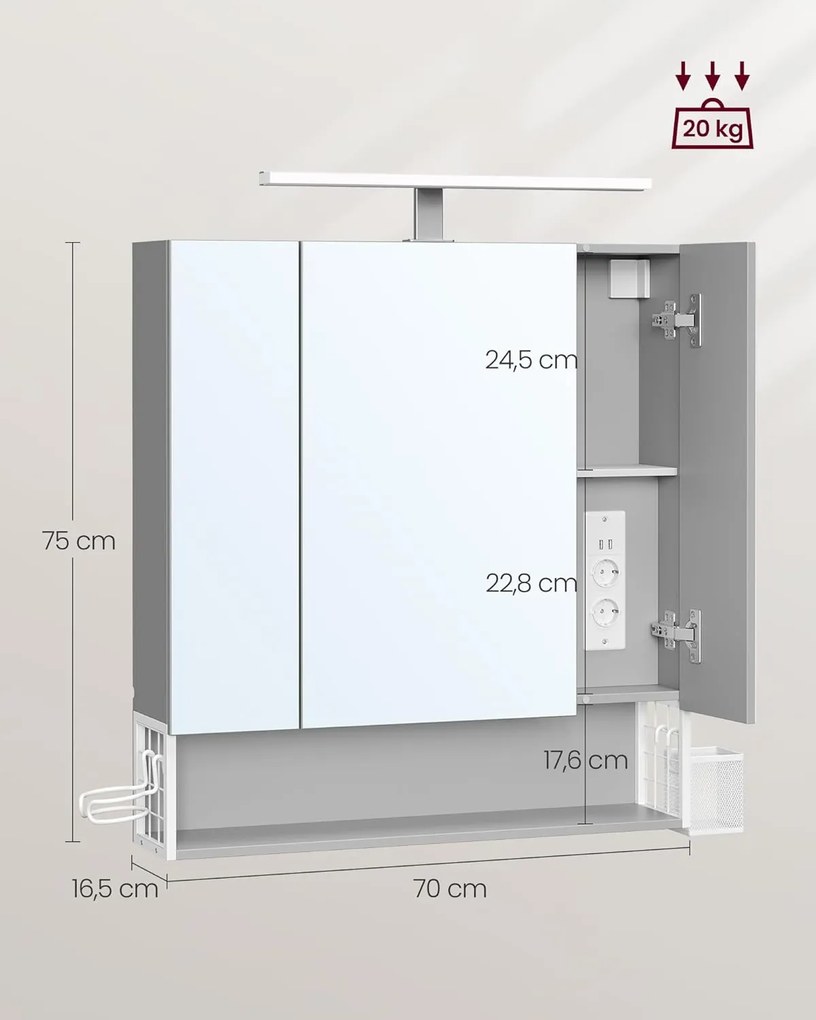Koupelnová zrcadlová skříňka s LED osvětlením Vasagle Doris šedá