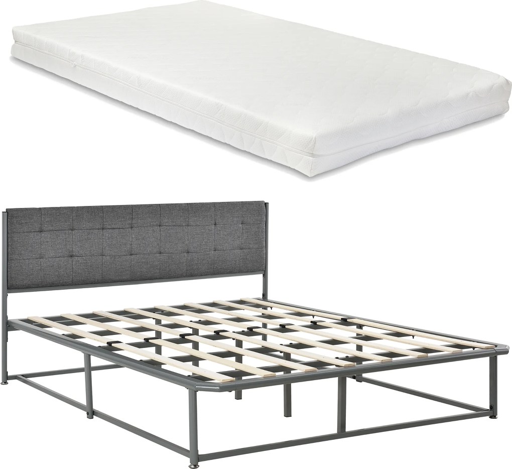 [en.casa]® Kovová manželská posteľ - s roštom a matracom - 140 x 200 cm - sivý rám