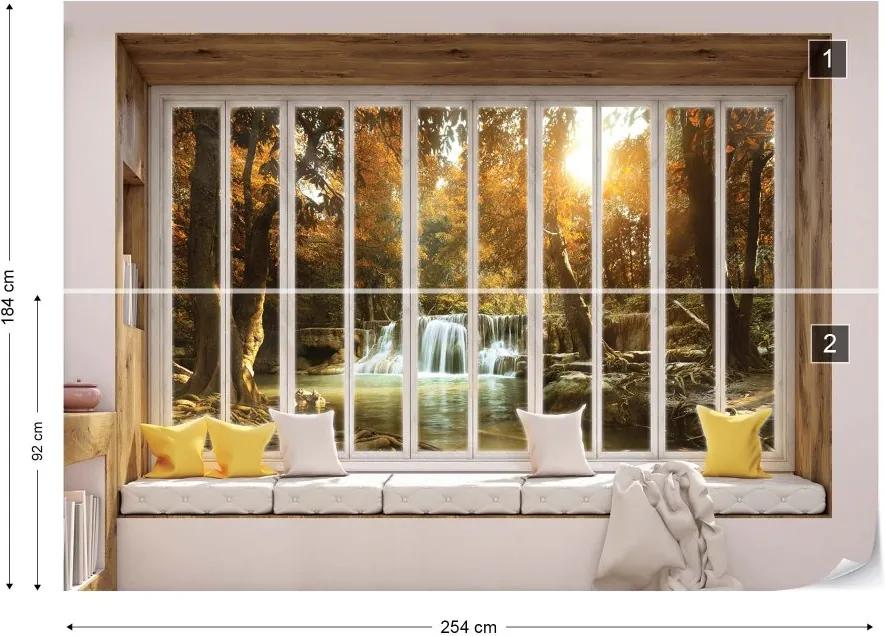 GLIX Fototapeta - 3D Window View Forest Waterfall Vliesová tapeta  - 254x184 cm