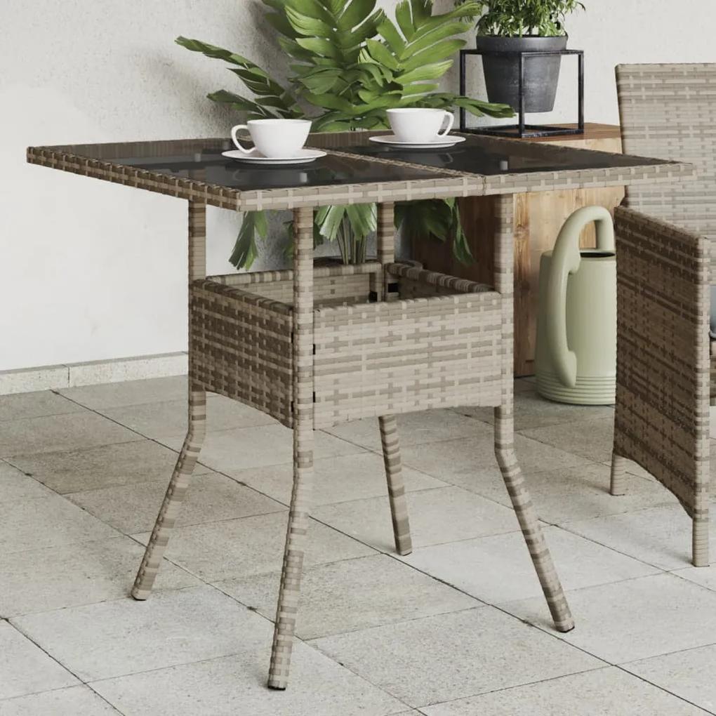 Záhradný stôl so sklenenou doskou, sivý 80x80x75 cm, polyratan 365522