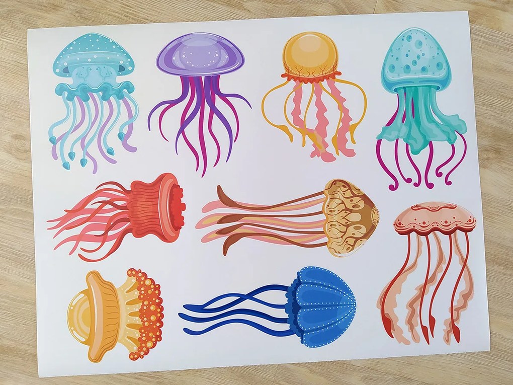 Farebné medúzy textilní prelepiteľné nálepky na stenu hárok 45 x 35 cm