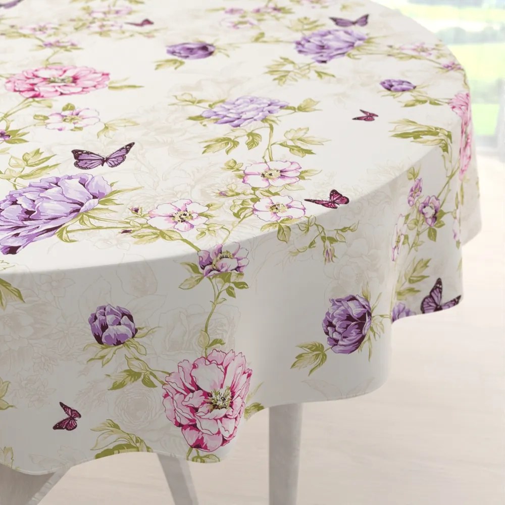 Biante Bavlnený okrúhly obrus Sandra SA-532 Fialové kvety s motýlikmi na svetlo krémovom Ø 70 cm