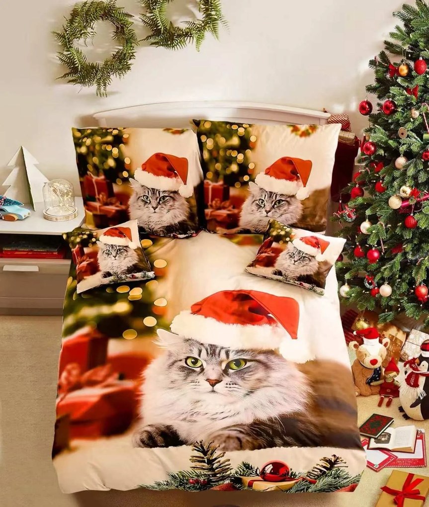 3 dielne 3D obliečky Polycotton Vianočné Cat 200x140cm+90x70cm TiaHome
