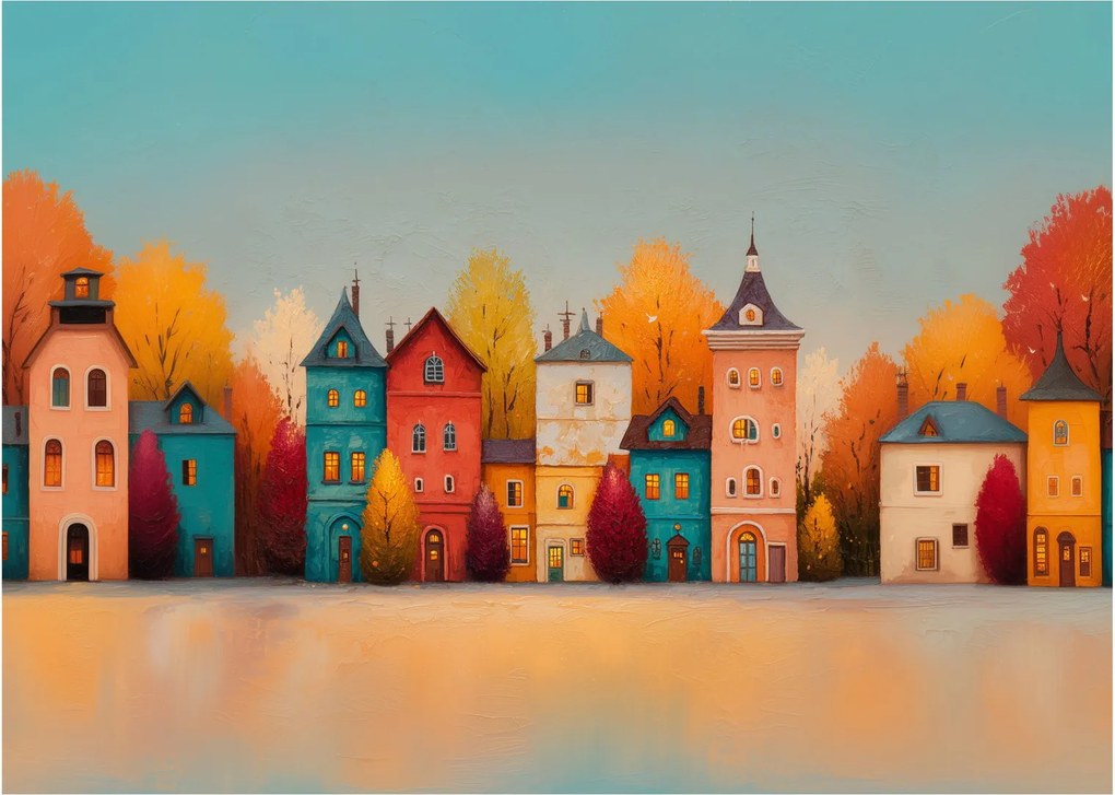 Sklenený obraz - Jesenná dedina (70x50 cm)