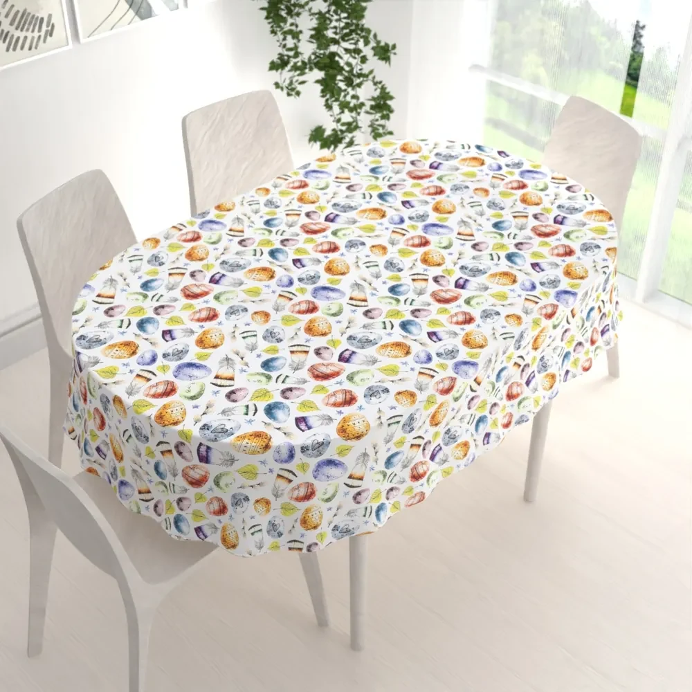 Biante Veľkonočný teflónový oválny obrus TF-075 Farebné kraslice a pierka na bielom 140x180 cm